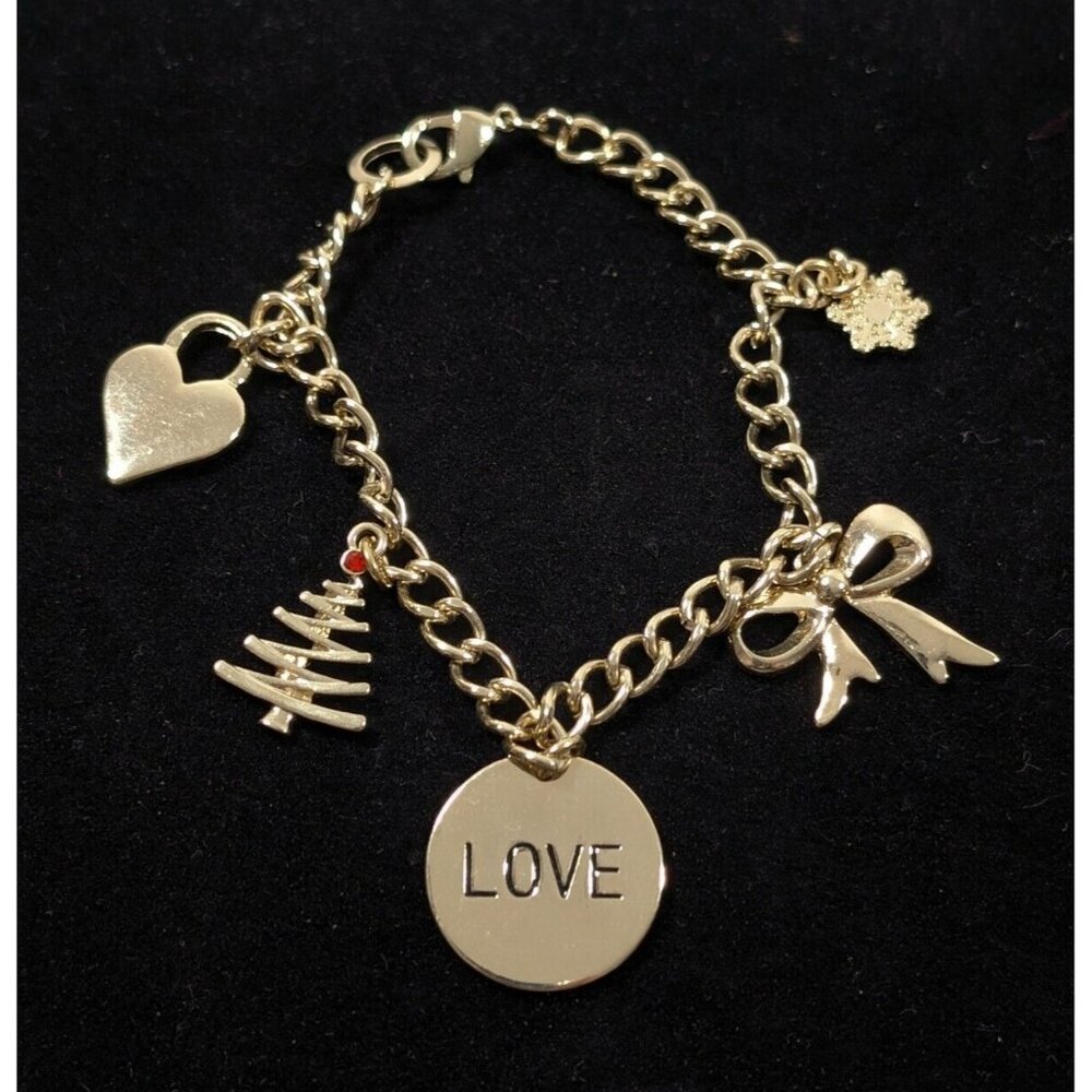 Christmas Love‎ Charm Bracelet Heart Bow Gold Tone 7 inch